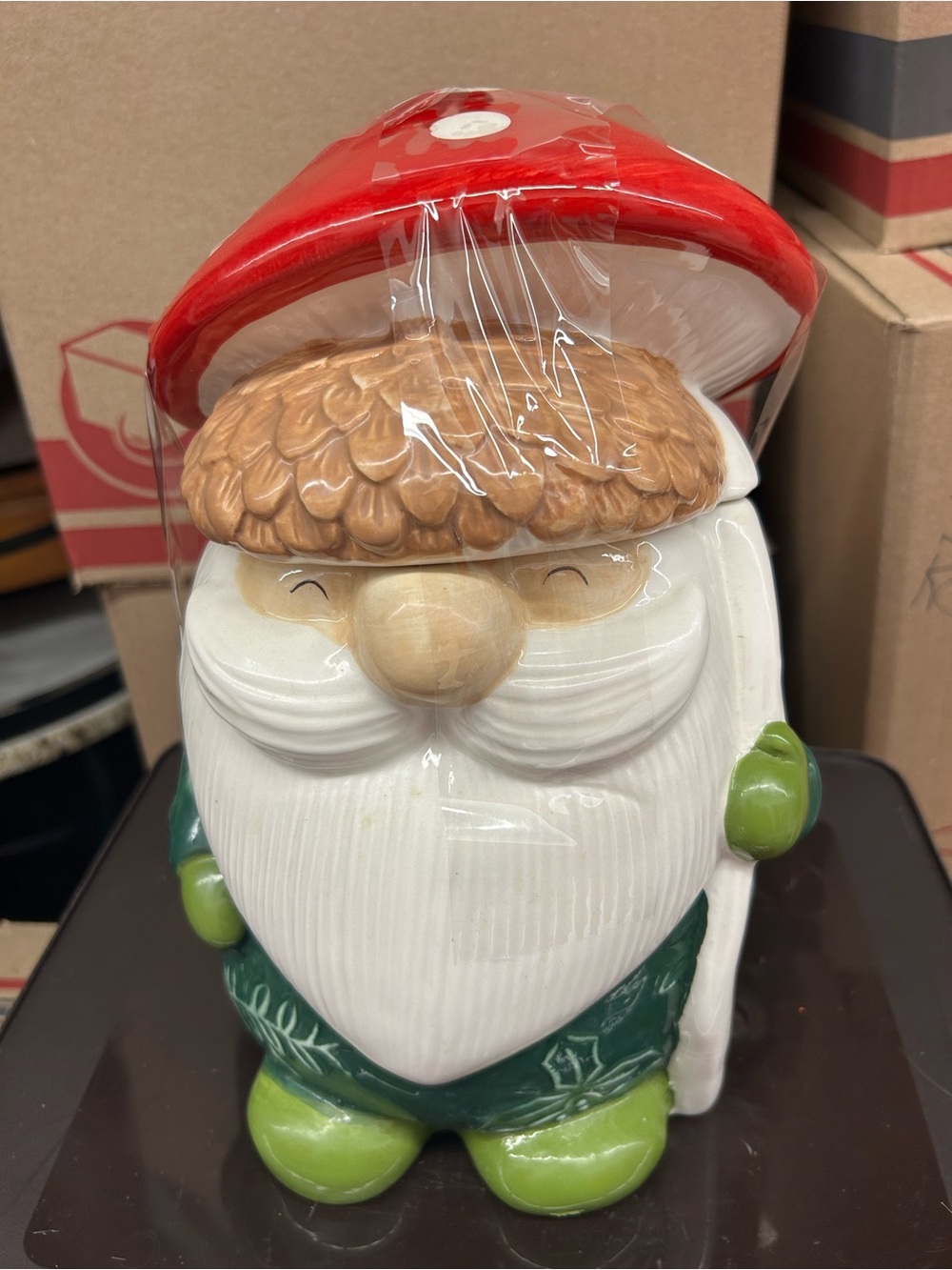 Holiday Gnome Ceramic Cookie Jar - Red Hat, Green Outfit